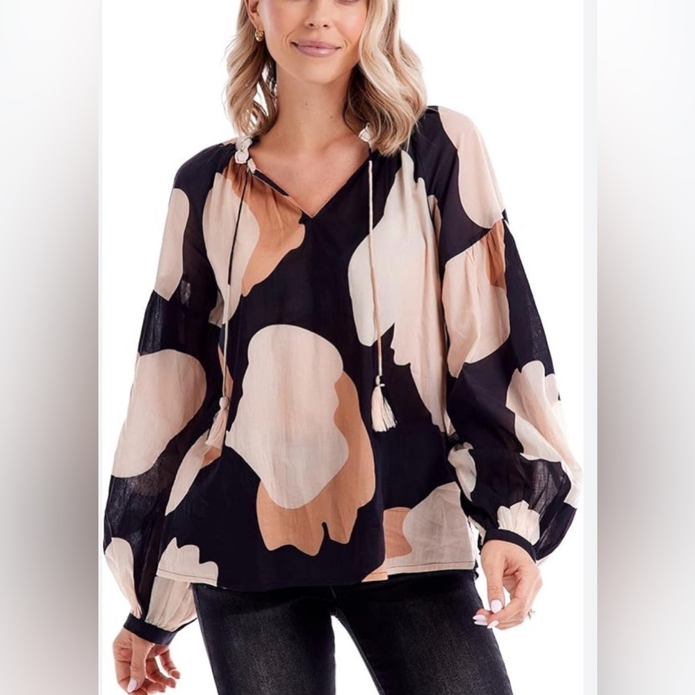 NWT MudPie Jovie Blouse Black Tan Oversized Abstract Blouson Sleeve V-Neck M